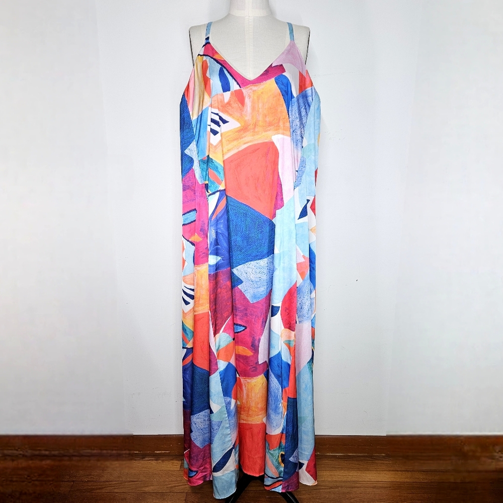 Nicole Miller Size XXL Dress Flowing Trapese Maxi Spaghetti Strap Pockets Bra
